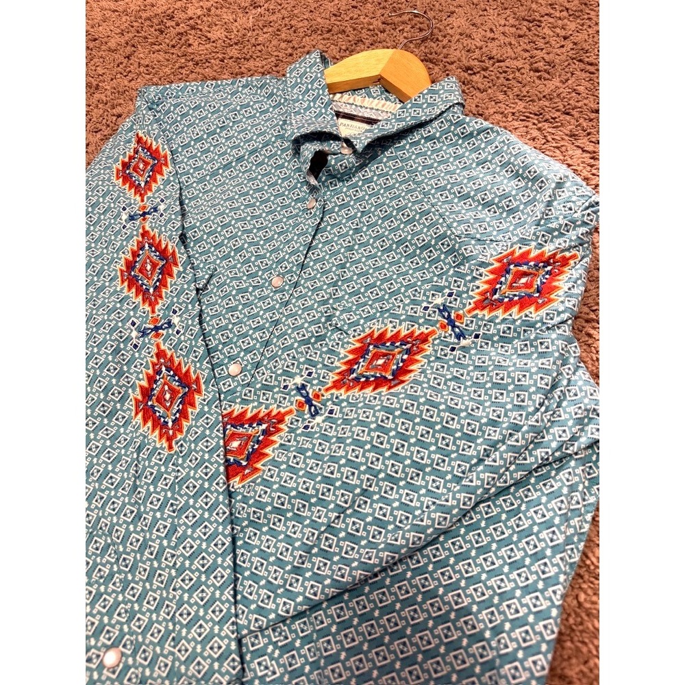 Panhandle Southwestern Shirt Womens Size L Turquoise‎ Embroidered LS Pearl Snap